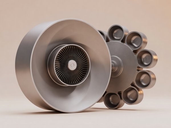 Soft-lit 3D render comparing a Francis reaction turbine spiral casing with a multi-nozzle Pelton impulse wheel