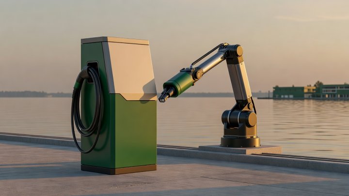 Soft-lit 3D render of an automated shoreside megawatt ferry charging tower and street charging post