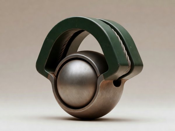 Soft-lit 3D object study of a heavy structural steel bridge spherical bearing and main suspension cable saddle in warm neutral and forest green