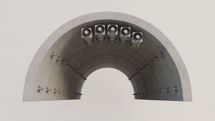 Soft-lit 3D render of underground infrastructure caverns and coastal energy transfer pipelines